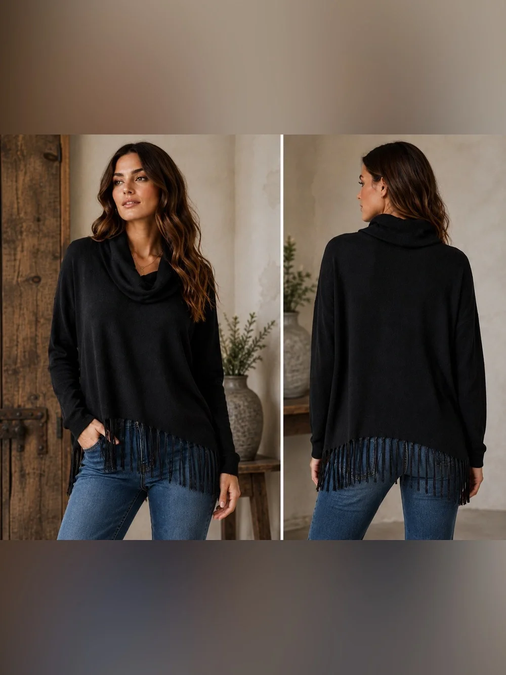 Michael Kors Fringe Sweater Womens L Black Cowl Neck Boho Rocker Moto Luxe Chic